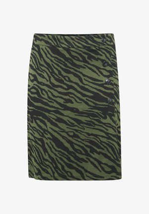 Gonna a matita verde khaki con un motivo a strisce zebra nere e cinque bottoni decorativi sul lato destro. Realizzata in un tessuto morbido e elasticizzato.