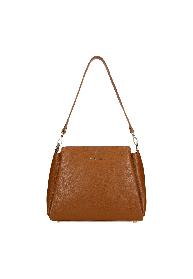 Borsa a tracolla in pelle marrone con superficie texturizzata, una singola tracolla e un logo sottile sul davanti. Presenta un design strutturato.