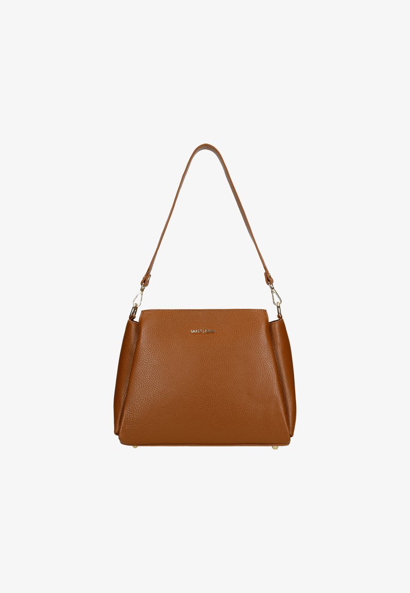 Borsa a tracolla in pelle marrone con superficie texturizzata, una singola tracolla e un logo sottile sul davanti. Presenta un design strutturato.