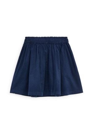 Jupe froncée bleu marine avec taille élastique, longueur courte et tissu doux, posée à plat sur un fond blanc.