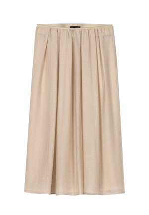 Beige Midi-Rock mit gerafftem Bund und subtilen silbernen Punkten, aus leichtem Stoff gefertigt, der gerade herunterhängt.