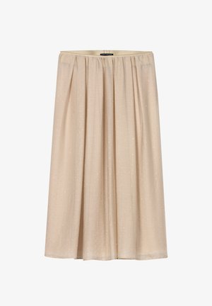 Beige midi skirt with gathered waist and subtle silver dot pattern, made from lightweight fabric, hanging straight.