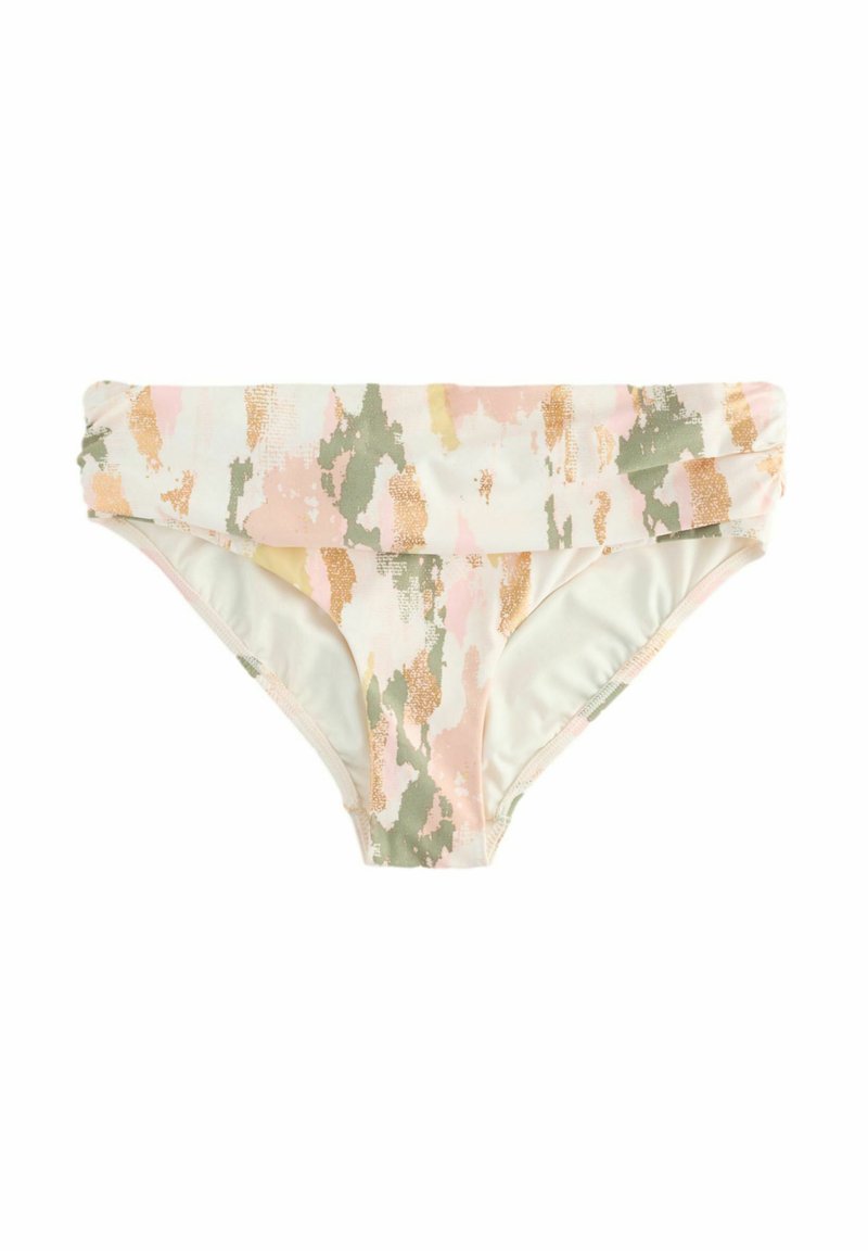 Bikiniöverdel med vikt midja, tillverkad av lätt tyg med ett kamouflage-mönster i rosa, grönt och guld.