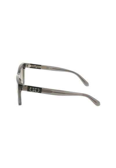 Lunettes grises translucides avec une monture rectangulaire, présentant un accent noir sur la branche et une quincaillerie métallique pour ajuster l'ajustement.