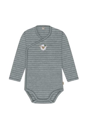 Gray striped long-sleeve bodysuit with a wrap design, featuring a sheep applique and snap closures at the bottom for easy dressing.