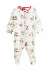 Weißer Babystrampler mit Drucken von Londoner Wahrzeichen, roten Bussen und königlichen Wachen; akzentuiert mit einem roten Halsausschnitt und Knopfverschlüssen.