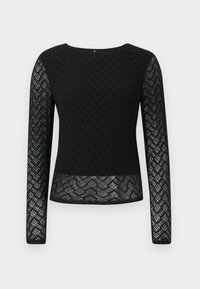 Black long-sleeve top made of lace with a zigzag pattern. Features a round neckline and a sheer design on the sleeves and hem.