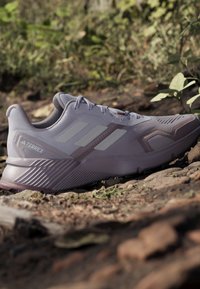 Scarpa da corsa Adidas Terrex grigio chiaro poggiata su un terreno roccioso con fogliame verde sfocato sullo sfondo.