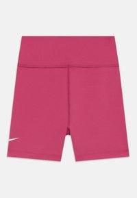 Pink athletic shorts made from stretchy fabric, featuring a fitted design, smooth texture, and a white logo accent on the lower left side.