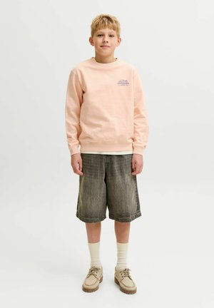 Garçon debout, portant un sweat-shirt rose clair, un short gris foncé jusqu'aux genoux, des chaussettes blanches et des chaussures beiges, sur un fond blanc uni.