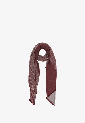 Burgundy scarf featuring a herringbone pattern, made of soft fabric, with fringed edges and a lightweight, flowing design.