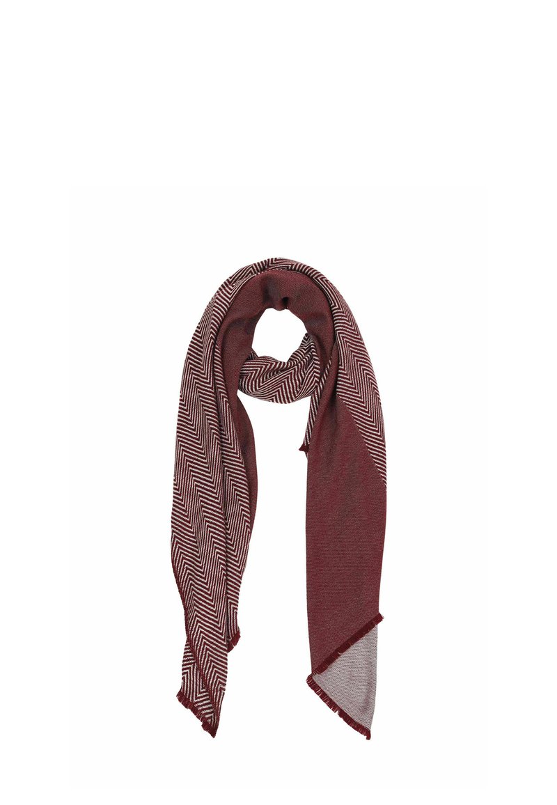 Burgundy scarf featuring a herringbone pattern, made of soft fabric, with fringed edges and a lightweight, flowing design.