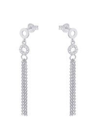 Pendientes de plata con aros circulares y una cadenita texturizada colgante, alternando con un acento circular adornado con rhinestones.