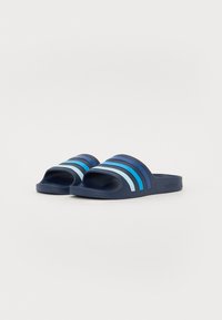 Navy blue slide sandals with three horizontal stripes in light blue, royal blue, and aqua. Made of smooth, durable material with open toe design.