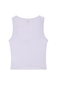 Top sin mangas blanco, hecho de una tela suave. Presenta un escote redondeado y un dobladillo recto. Etiquetas visibles en la parte posterior.