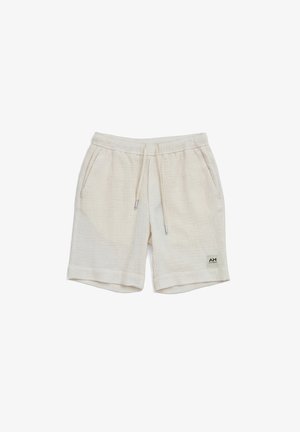 Beige short met aantrekkoord, zijzakken en een kleine logo patch op het onderste deel van het linkerbeen, gemaakt van gestructureerde lichtgewicht stof.