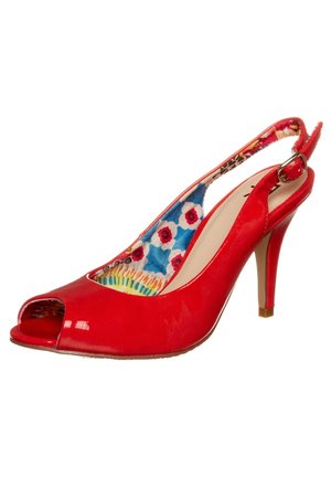 Red patent leather slingback high-heel shoe with an open toe, featuring a colorful floral pattern on the interior lining and a slender heel.