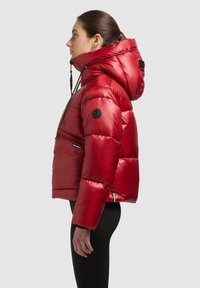 Sarkana pūkaina jaka ar augstu apkakli un kapuci, ar rāvējslēdzēja kabatu krūšu daļā un ribotām aprocēm. Izgatavota no spīdīga, gluda materiāla.