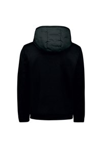 Zwarte hoodiegemaakt van een gewatteerde stof met een buitenkap. Geweven textuur, ribgebreide manchetten en onderrand. Eenvoudig ontwerp zonder zichtbare logo's of patronen.