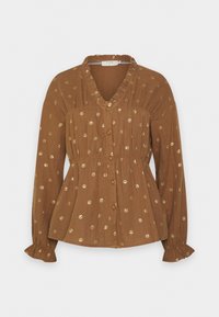 Blusa castanha de botões com um decote franzido, mangas compridas e padrões de sinais de paz dourados por toda a parte. Tecido suave com uma leve textura.