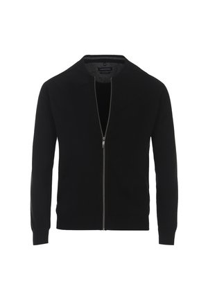 Black zip-up cardigan with a round neck, ribbed cuffs and hem, made of smooth fabric. Features a small logo on the left chest.