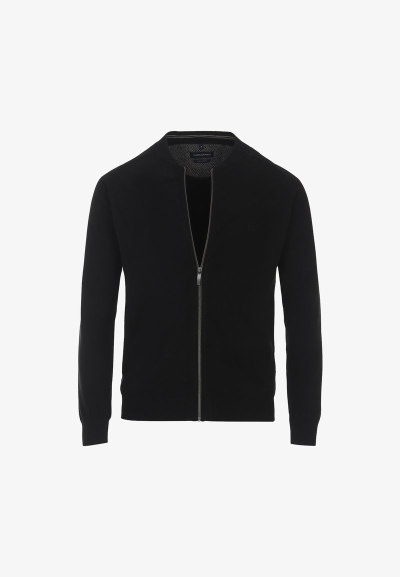 Schwarze Zip-Jacke mit Rundhalsausschnitt, gerippten Bündchen und Saum, aus glattem Stoff. Mit kleinem Logo auf der linken Brust.