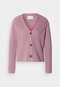 Różowy kardigan z prążkowanego materiału z dekoltem w serek, długimi rękawami i trzema ciemnymi guzikami z przodu. Miękka tekstura o dopasowanym kroju.