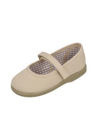 Bailarinas de lona beige con punta redonda, correa ajustable y forro de patrón a cuadros. Suela de goma flexible para mayor comodidad.