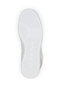 Biała podeszwa trampka z teksturowanym wzorem bieżnika i wytłoczona nazwa marki "Marc O'Polo", rozmiar 42 oznaczony w pobliżu pięty.