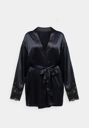 Black satin robe with lace trim on sleeves, featuring a wrap design and tied waist. Smooth texture and elegant drape.
