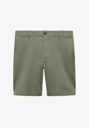 Kaki katoenen shorts met een vlakke voorkant, knoopsluiting, twee zijzakken en een gladde textuur. Ontwerp tot halverwege de dij.