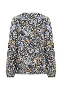 Blusa a maniche lunghe beige, blu e nera con motivo floreale. Presenta un colletto arricciato e una texture di tessuto fluente.