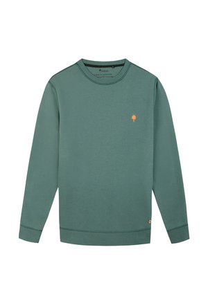 Felpa verde con collo rotondo, maniche lunghe e un piccolo logo di un albero arancione sul petto. Realizzata in tessuto morbido e testurizzato.