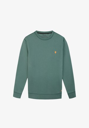 Grüner Sweatshirt mit Rundhalsausschnitt, langen Ärmeln und einem kleinen orangefarbenen Baum-Logo auf der Brust. Hergestellt aus weichem, strukturiertem Stoff.