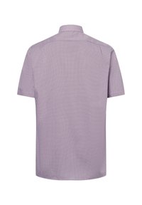 Kurzarmhemd mit einem Mikro-Muster in Lavendel und Weiß, mit einem Kragen und einem geraden Saum. Rückendesign ohne Verzierungen.