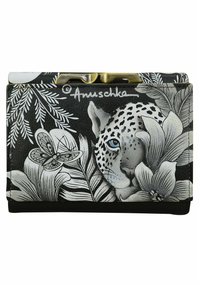 Schwarze Lederbörse mit detailliertem Leoparden- und Blumendesign in Grau und Weiß, mit einem Messingverschluss und Anuschka-Branding.