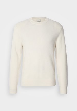 Pulover alb cu mâneci lungi, realizat dintr-un material moale, prevăzut cu decolteu rotund și manșete și tiv striate, design minimalist fără modele.