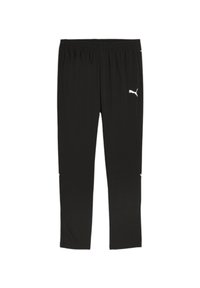 Pantaloni sportivi neri con cintura elastica, vestibilità slim e accenti bianchi con logo sui lati. Tessuto sintetico liscio, senza motivi visibili.