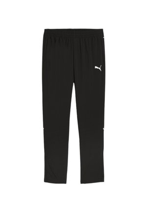 Pantaloni sportivi neri con cintura elastica, vestibilità slim e accenti bianchi con logo sui lati. Tessuto sintetico liscio, senza motivi visibili.