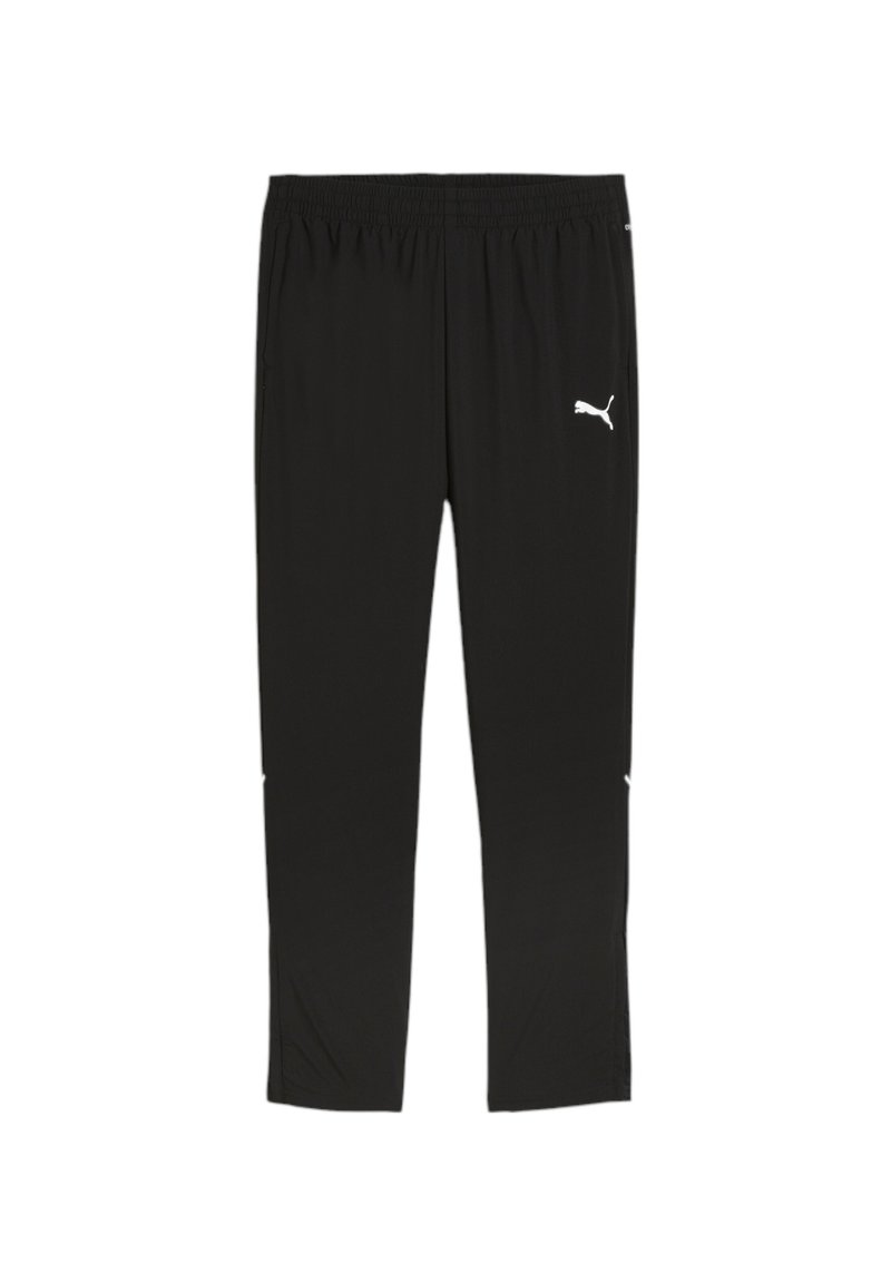 Pantaloni sportivi neri con cintura elastica, vestibilità slim e accenti bianchi con logo sui lati. Tessuto sintetico liscio, senza motivi visibili.