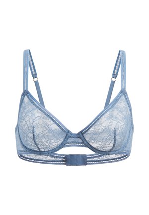 Spitzen-Bralette in sanftem Blau mit dreieckigen Cups, verstellbaren Trägern und einem Hakenverschluss. Mit zarten floralen Mustern und kontrastierenden Abschlüssen.