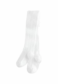 Valged kootud sokid, millel on sooniline tekstuur ja palmikmustrit, ümarate varvastega ja pehme viimistlusega.