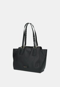 Borsa a tote in pelle nera con superficie texturizzata, doppi manici robusti, dettagli in hardware dorato e forma rettangolare; presenta un logo del marchio.