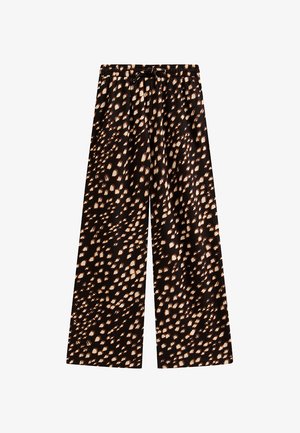 Czarne spodnie o szerokich nogawkach w jasnobrązowo-biały wzór w kropki, z pasem na sznurek i lekką tkaniną.