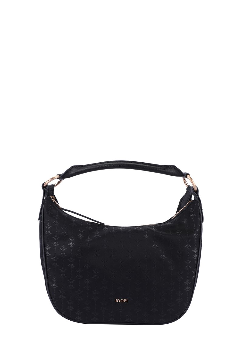 Czarna torebka na ramię wykonana z teksturowanego materiału, zdobiona wytłaczanymi wzorami florystycznymi, z zamknięciem na zamek błyskawiczny i solidnym paskiem z różowozłotym okuciem.