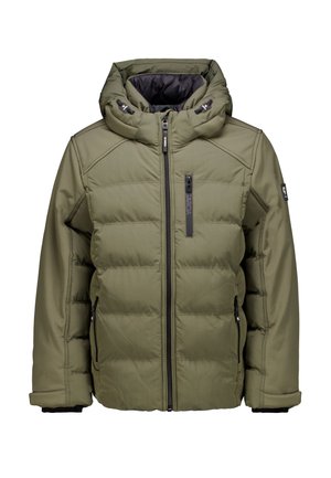 Chaqueta puffer verde oliva con capucha, cierre de cremallera, dos bolsillos laterales y forro interior negro. Presenta un diseño acolchado y hardware ajustable.