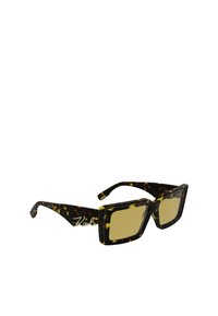 Square sunglasses with a black and tortoiseshell pattern, yellow lenses, and a silver accent on the side featuring the brand name.