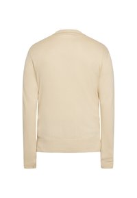Beige lange mouwen cardigan met een gladde textuur, geribbelde manchetten en een eenvoudige ronde hals. Het ontwerp is minimalistisch zonder zichtbare patronen.