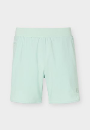 Shorts de sport vert menthe clair avec taille élastique et petit logo sur la jambe gauche, affichés sur fond blanc.