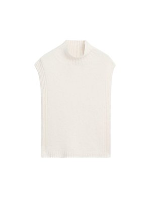 Cremefarvet, ærmeløs turtleneck sweater med ribbeyd tekstur og høj krave. Stoffet ser blødt og let ud, med en løs og afslappet pasform.
